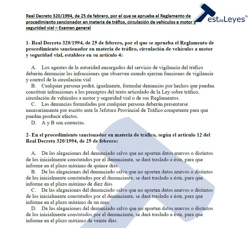 Real Decreto 320/1994, de 25 de febrero, por el que se aprueba el Reglamento de procedimiento sancionador en materia de tráfico, circulación de vehículos a motor y seguridad vial - Examen general - Imagen 2